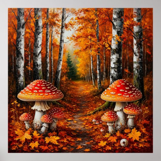 Herfstbospad omgeven door berkenbomen poster (Voorkant)