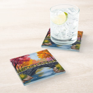 Herfstbrug Herfstloof Aquarel Natuur Glazen Onderzetter