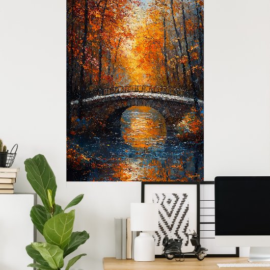 Herfstbrug over de Serene River in het impressioni Poster (Thuiskantoor)