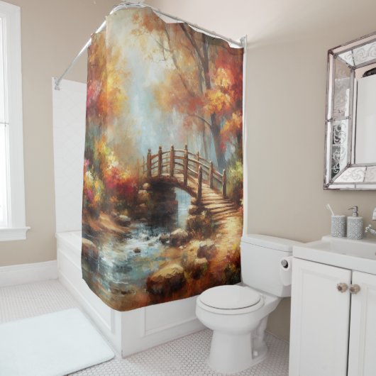 Herfstbrug over de Serene Stream Douchegordijn (In situ)