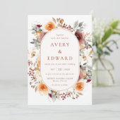 Herfstbruiloft Bloemen Verbrand Sinaasappel Terrac Kaart (Staand voorkant)