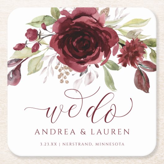 Herfstbruiloft Bourgondische wijn rood bloemenblad Kartonnen Onderzetters (Voorkant)