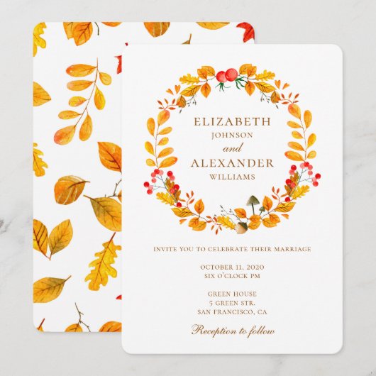 Herfstbruiloft. Herfst uitnodiging. Gele krans Kaart (Voorkant / Achterkant)