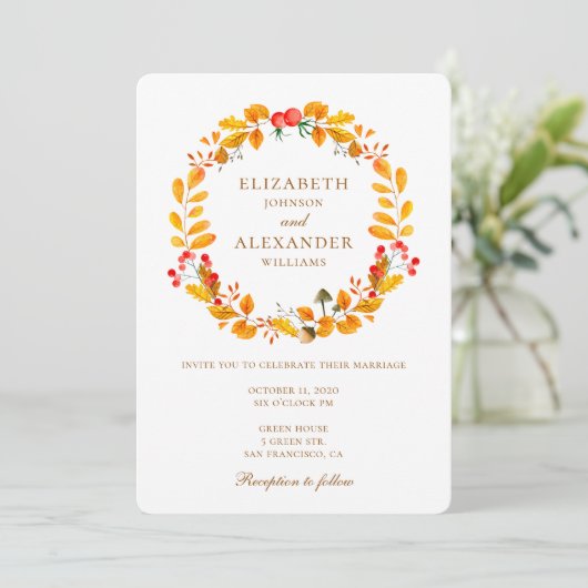 Herfstbruiloft. Herfst uitnodiging. Gele krans Kaart (Staand voorkant)