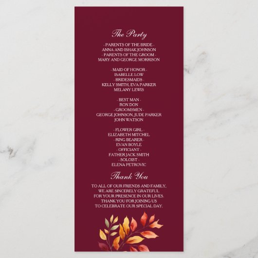 Herfstbruiloft in Bourgondië Programmakaart (Achterkant)