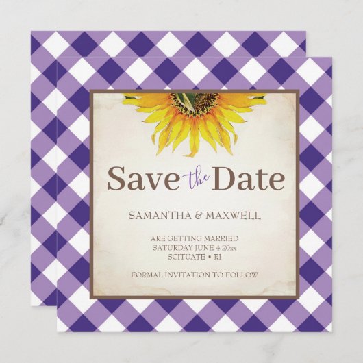 Herfstbruiloft met Paarse Gingham Bewaar de datum Save The Date (Voorkant / Achterkant)