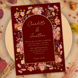 Herfstbruiloft met wilde bloemen bordeaux terracot folie uitnodiging