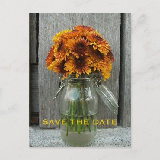 Herfstbruiloft Save The Date - Barnwood & Flowers Aankondigingskaart (Voorkant)