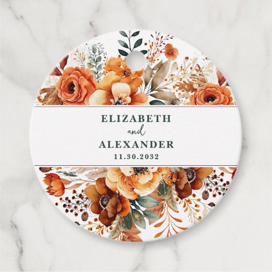 Herfstbruiloft warme botanische namen en datum bedankjes labels (Voorkant)