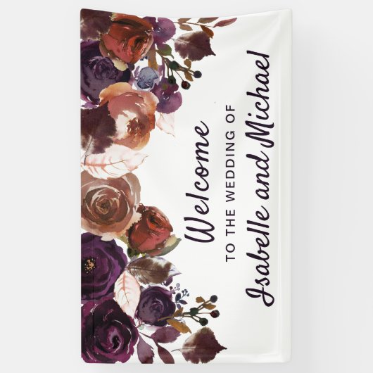 Herfstbruiloft Welkom Paarse pruimenbloem Spandoek (Verticaal)