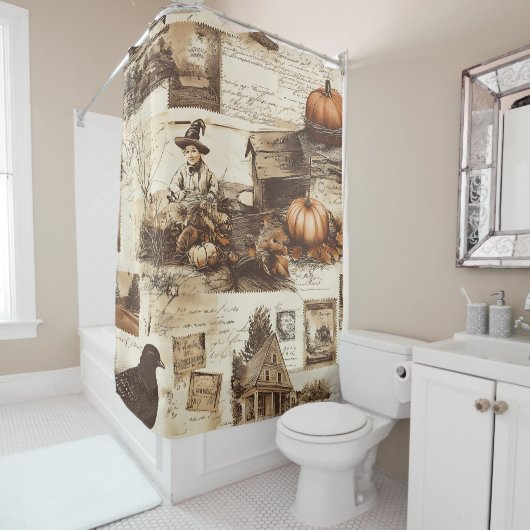  herfstcollage | Rustic Sepia Ephemera Douchegordijn (In situ)