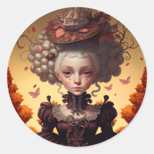 Herfstdame en haar fantasiehoed ronde sticker