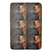 Herfstdecoraties op tafel, pompoen, fruit, drank badmat (Voorkant Verticaal)