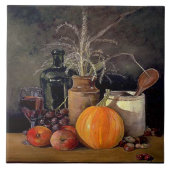 Herfstdecoraties op tafel, pompoen, fruit, drank tegeltje (Voorkant)