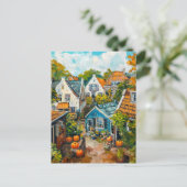 Herfstdorp met Pompoenen en Huizen Schilderij Briefkaart (Staand voorkant)