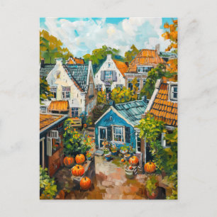 Herfstdorp met Pompoenen en Huizen Schilderij Briefkaart