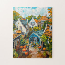 Herfstdorp met Pompoenen en Huizen Schilderij Legpuzzel