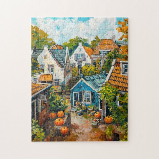 Herfstdorp met Pompoenen en Huizen Schilderij Legpuzzel (Verticaal)