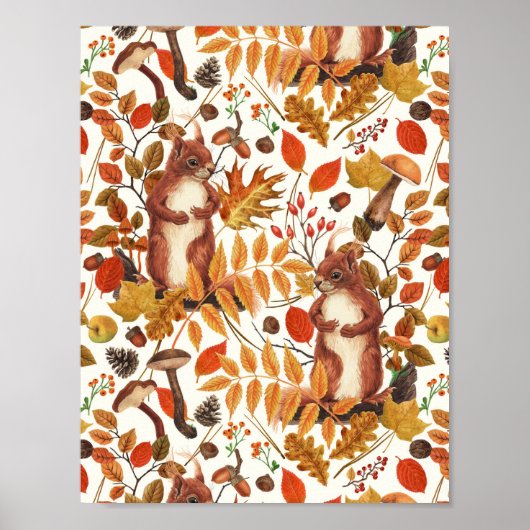 Herfsteekhoorns en herfstflora op lichtgrijs poster (Voorkant)