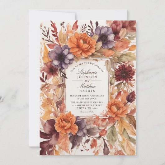 Herfstelegantie Waterverf Bloemenbruiloft Kaart (Voorkant)