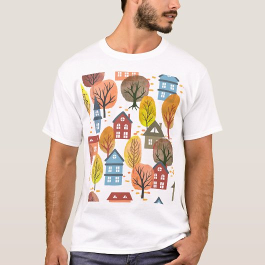 Herfstelegantie: Waterverf stad en bomen T-shirt (Voorkant)