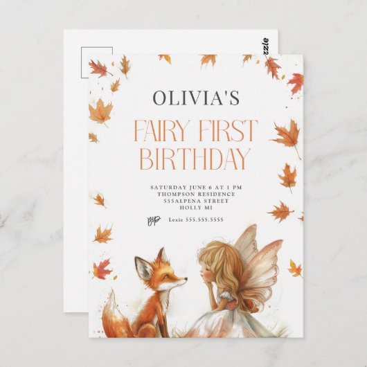 Herfstelfje eerste verjaardagsuitnodiging met een briefkaart (Voorkant / Achterkant)