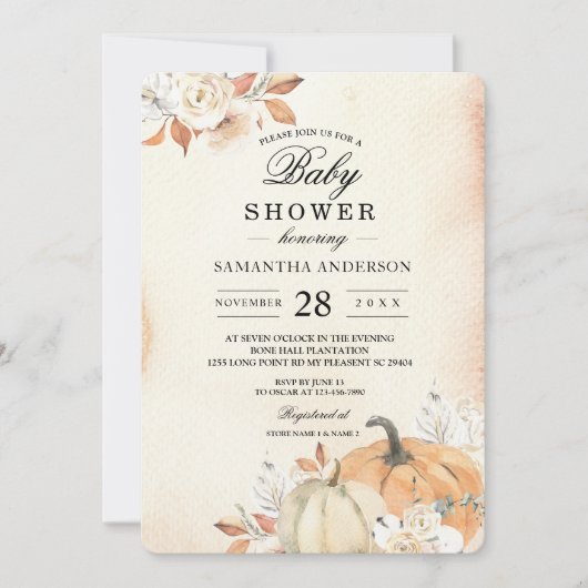 Herfstelijke oranje pompoenen en bloemen in landel kaart (Voorkant)