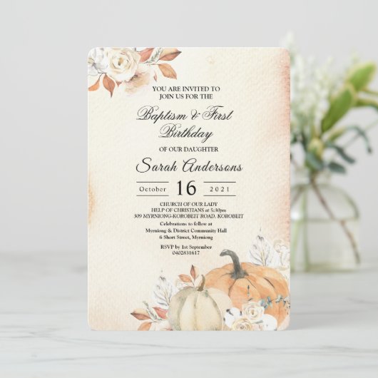 Herfstelijke oranje pompoenen en bloemen kaart (Staand voorkant)