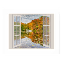 Herfsten en vijver bekeken door een open raam