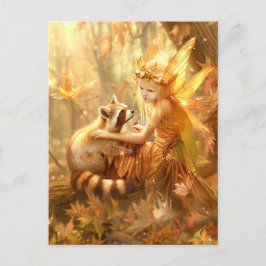 Herfstfee met nieuwsgierige wasbeer briefkaart