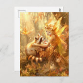 Herfstfee met nieuwsgierige wasbeer briefkaart (Voorkant / Achterkant)
