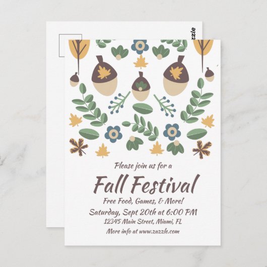 Herfstfeest Bloemige Groene Bladeren Eikels  Briefkaart (Voorkant / Achterkant)