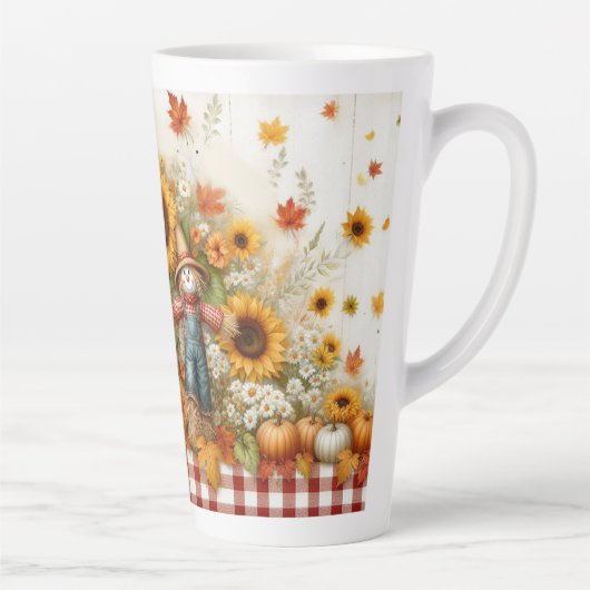 Herfstgebladerte en vogelverschrikker met zonneblo latte mok (Rechts)