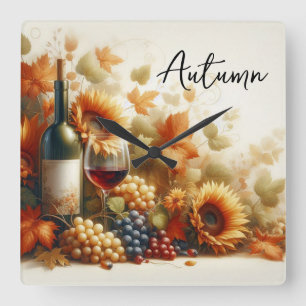 Herfstgebladerte, Zonnebloemen, Wijn en Druiven Vierkante Klok