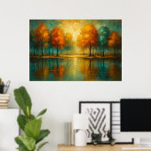 Herfstglans: Teal Reflecties en Gulden Licht Poster (Thuiskantoor)