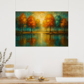 Herfstglans: Teal Reflecties en Gulden Licht Poster (Keuken)