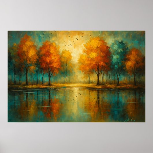 Herfstglans: Teal Reflecties en Gulden Licht Poster (Voorkant)