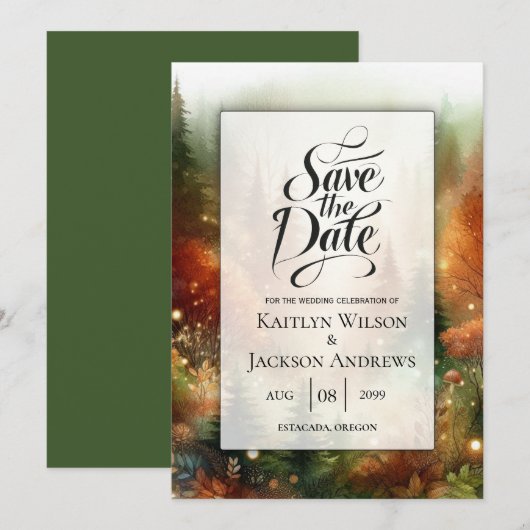 Herfstgloed in het betoverde bos bruiloft save the date (Voorkant / Achterkant)
