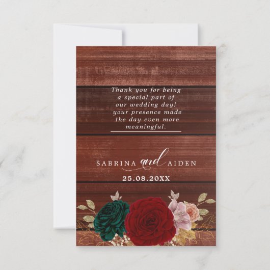 herfstgoud bordeauxrood emarald greeny bruiloft bedankkaart (Achterkant)