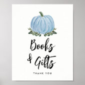 Herfstgroen blauwe pompoen boeken en cadeaus bord poster (Voorkant)