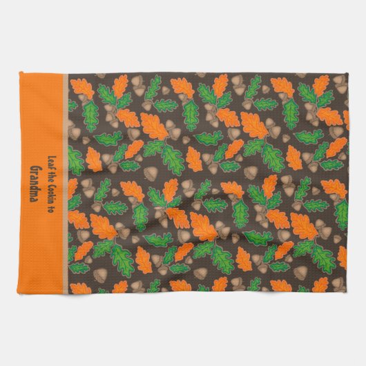 Herfstgroen en Sinaasappel bladeren eikels handdoe Theedoek (Horizontaal)