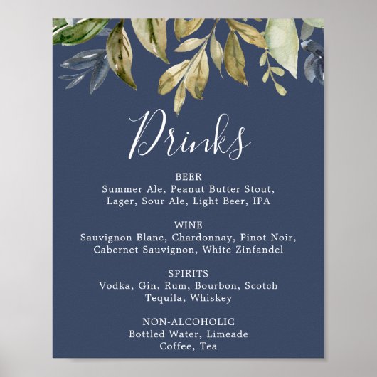 Herfstgroen | Navy Trouwdranken Menu Bord Poster (Voorkant)