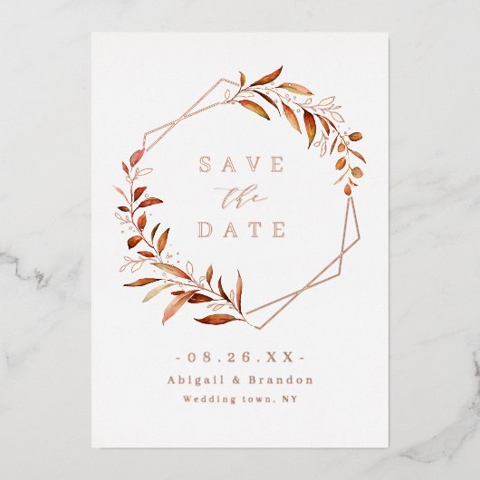 Herfstgroen Roze Goud Geometrisch Save the date Folie Uitnodiging (Voorkant)