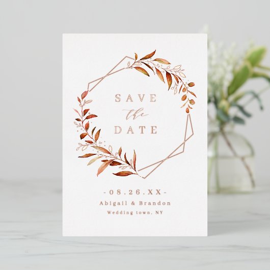 Herfstgroen Roze Goud Geometrisch Save the date Folie Uitnodiging (Staand Voorkant)