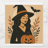Herfstheks met pompoen | Halloween Wijn Etiket (Enkel label)