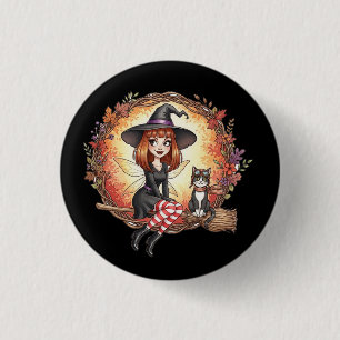 Herfstheksenfee met zwarte kat ronde button 3,2 cm