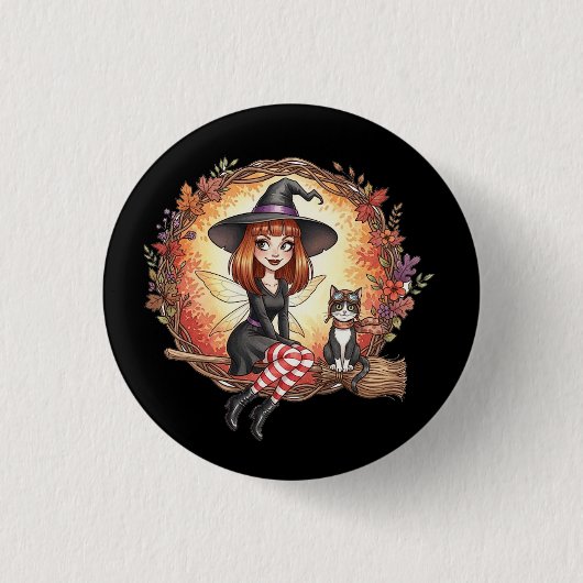 Herfstheksenfee met zwarte kat ronde button 3,2 cm (Voorkant)