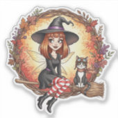 Herfstheksenfee met zwarte kat sticker (Voorkant)