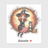 Herfstheksenfee met zwarte kat sticker (Vel)