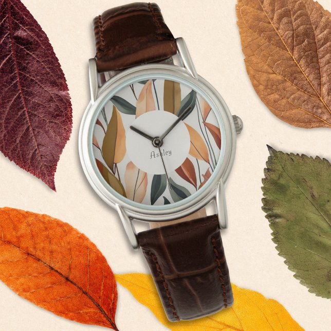 Herfstherfst verlaat Natuur thema aangepaste naam Horloge (A stylish watch with Autumn leaves design in orange, green, brown and yellow)